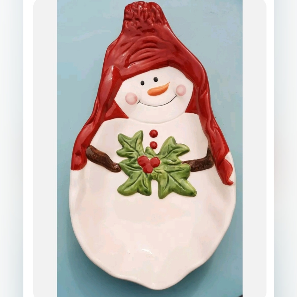Foreside SNOWMAN Christmas Winter Holiday Ceramic Serving Tray Cookie Plate